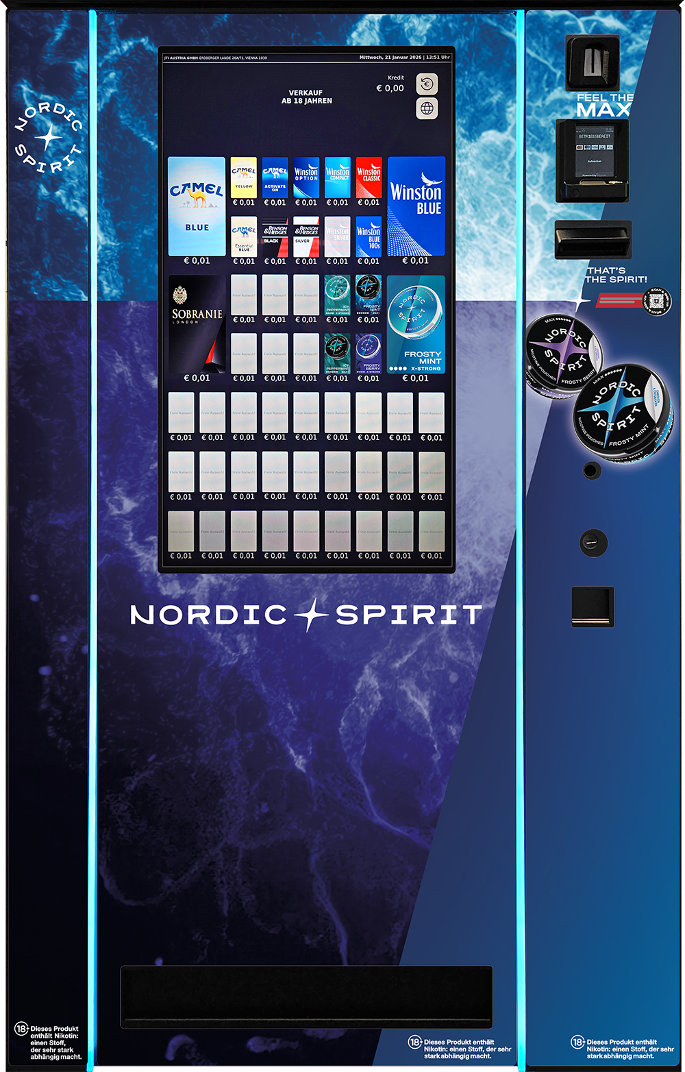 &nbsp;Großer Verkaufsautomat mit Touchscreen, Produktauswahl und Nordic-Spirit-Gestaltung in Blau- und Türkistönen.